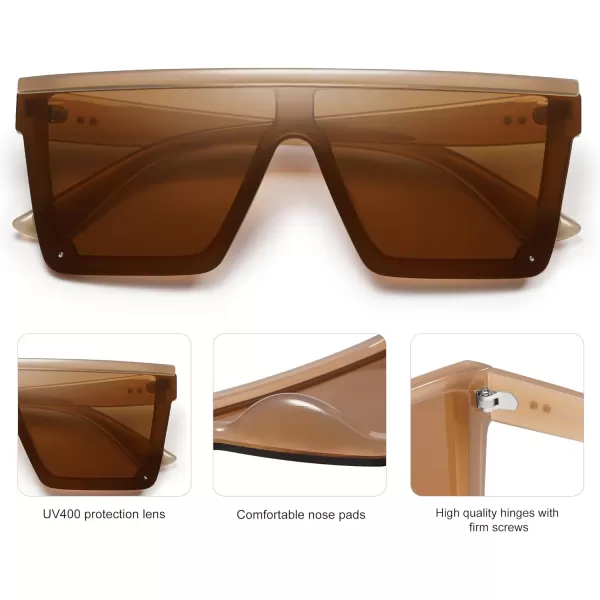 SOJOS Square Big Sunglasses Women Thick Frame Flat Top Mirrored Sunnies Shades Goggle Siamese Lens SJ2117C7 Brown Frame Brown Lens