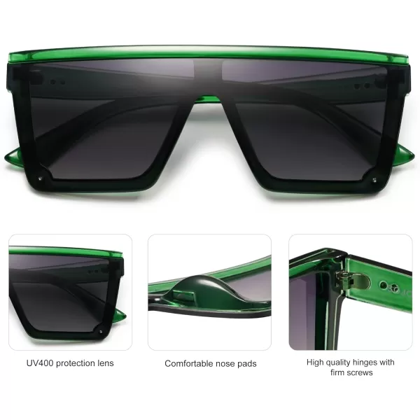 SOJOS Square Big Sunglasses Women Thick Frame Flat Top Mirrored Sunnies Shades Goggle Siamese Lens SJ2117C8 Green Frame Gradient Grey Lens