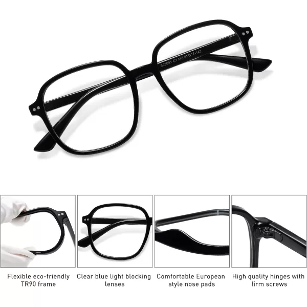 SOJOS Square Blue Light Blocking Glasses Oversized for Women TR90 Frame Filter SJ5081C1 Black Frame AntiBlue Light Lens