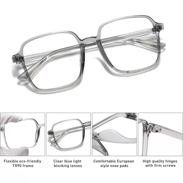 SOJOS Square Blue Light Blocking Glasses Oversized for Women TR90 Frame Filter SJ5081C3 Crystal Grey Frame AntiBlue Light Lens