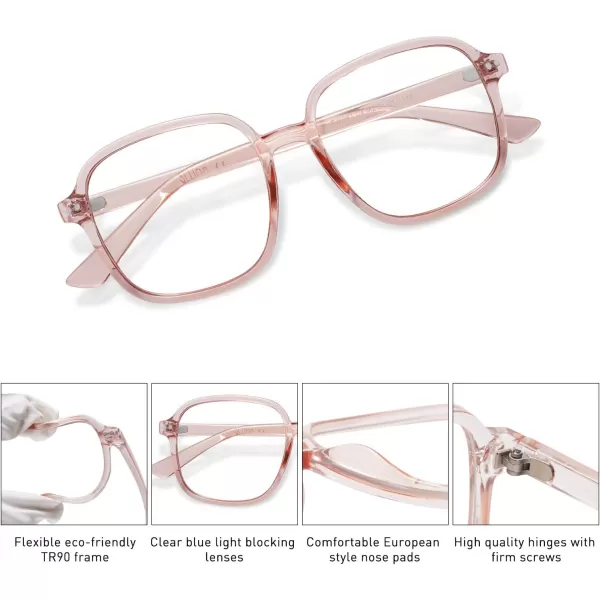 SOJOS Square Blue Light Blocking Glasses Oversized for Women TR90 Frame Filter SJ5081C4 Crystal Pink Frame AntiBlue Light Lens