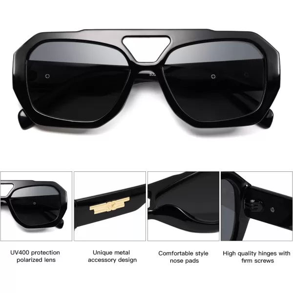 SOJOS Trendy Aviator Sunglasses for Womens Mens PolarizedHexagonal Square Double Bridge Designer Inspired Sun Glasses SJ2288Black