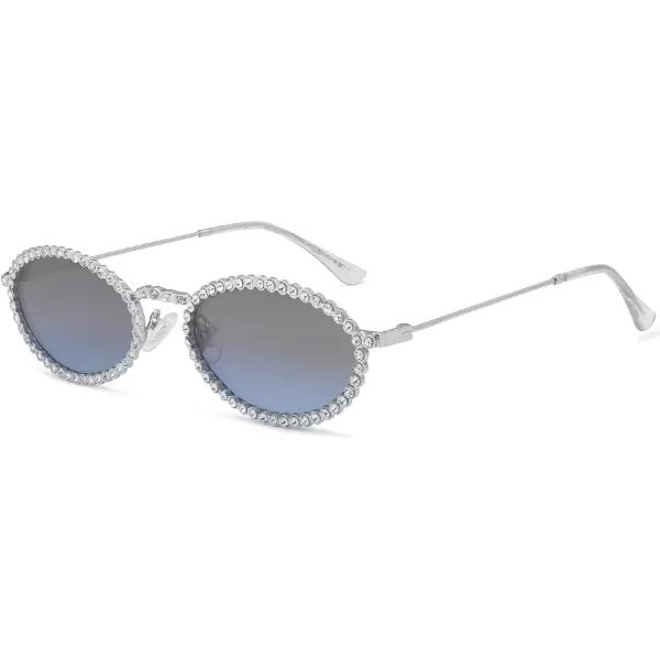 SOJOS Trendy Oval Rhinestone Sunglasses for Women 90s Styles Bling Hippie Sun Glasses Small Face Disco Accessories SJ1205Blue