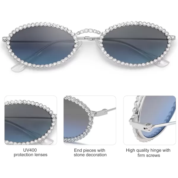 SOJOS Trendy Oval Rhinestone Sunglasses for Women 90s Styles Bling Hippie Sun Glasses Small Face Disco Accessories SJ1205Blue