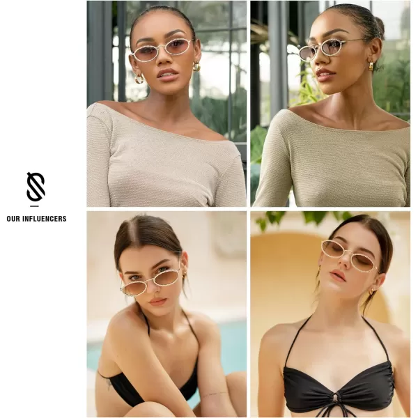 SOJOS Trendy Oval Rhinestone Sunglasses for Women 90s Styles Bling Hippie Sun Glasses Small Face Disco Accessories SJ1205Brown