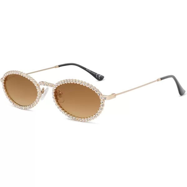 SOJOS Trendy Oval Rhinestone Sunglasses for Women 90s Styles Bling Hippie Sun Glasses Small Face Disco Accessories SJ1205Brown