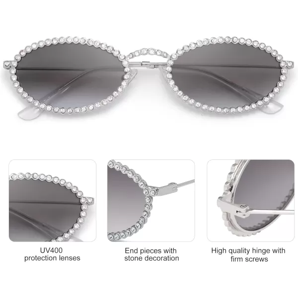 SOJOS Trendy Oval Rhinestone Sunglasses for Women 90s Styles Bling Hippie Sun Glasses Small Face Disco Accessories SJ1205Grey