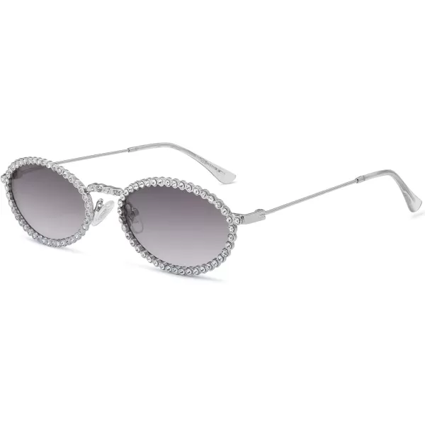 SOJOS Trendy Oval Rhinestone Sunglasses for Women 90s Styles Bling Hippie Sun Glasses Small Face Disco Accessories SJ1205Grey