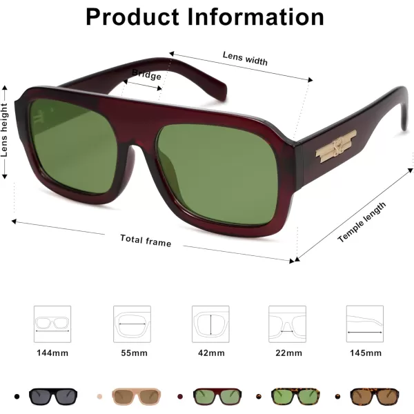 SOJOS Trendy Square Aviator Sunglasses for Womens Mens Polarized Flat Top Designer Inspired UV400 Sun Glasses SJ2281Burgundy