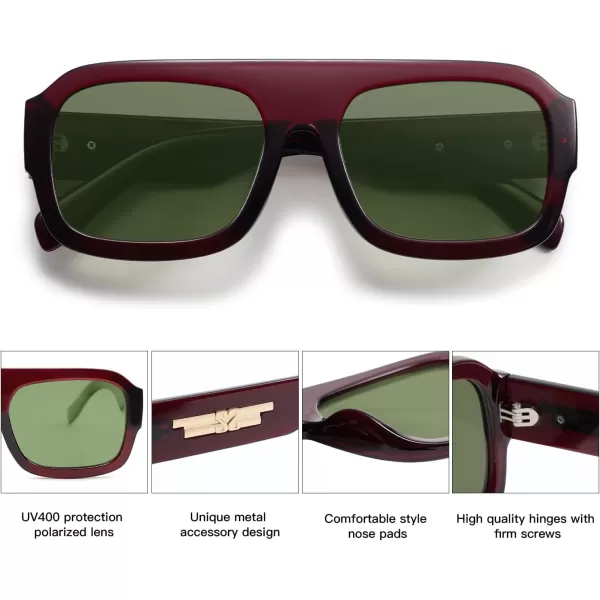 SOJOS Trendy Square Aviator Sunglasses for Womens Mens Polarized Flat Top Designer Inspired UV400 Sun Glasses SJ2281Burgundy