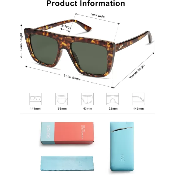 SOJOS Trendy Square Sunglasses for Women Men Retro Flat Top Oversized UV400 SunniesDark TortoiseGreen