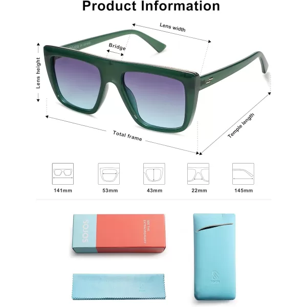 SOJOS Trendy Square Sunglasses for Women Men Retro Flat Top Oversized UV400 SunniesGreenBluish Grey