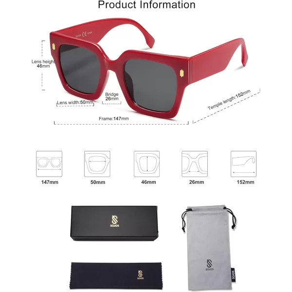 SOJOS Vintage Oversized Square Sunglasses for WomenRetro Womens Luxury Big Sun Glasses UV400 Protection SJ2194Red