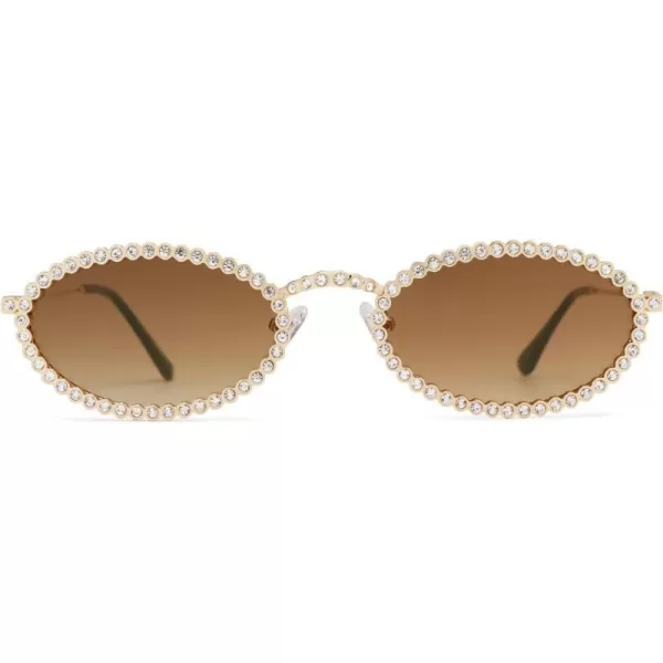 SOJOS Trendy Oval Rhinestone Sunglasses for Women 90s Styles Bling Hippie Sun Glasses Small Face Disco Accessories SJ1205Brown
