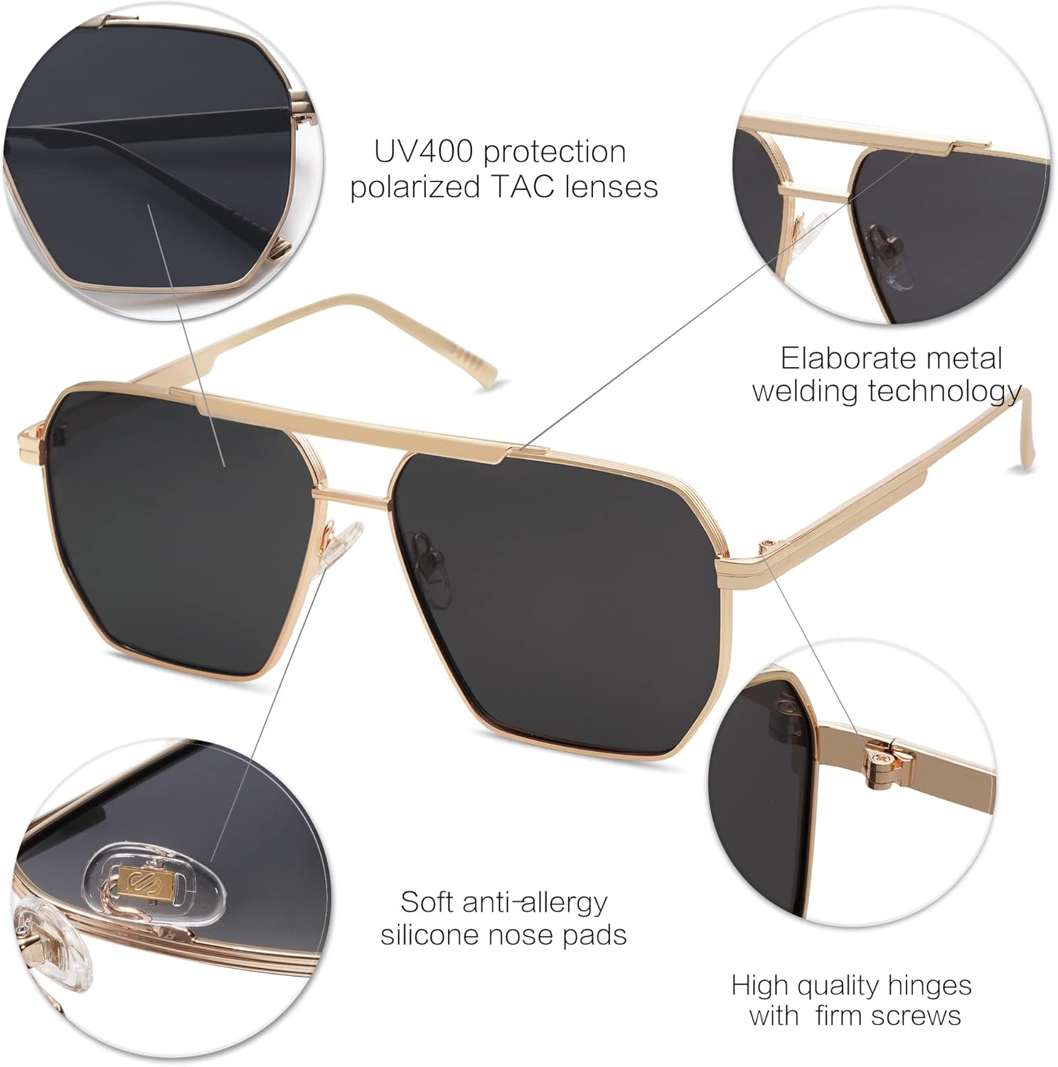 SOJOS Retro Oversized Square Polarized Sunglasses for Women and Men Vintage Shades Classic Large Metal Sun GlassesGold