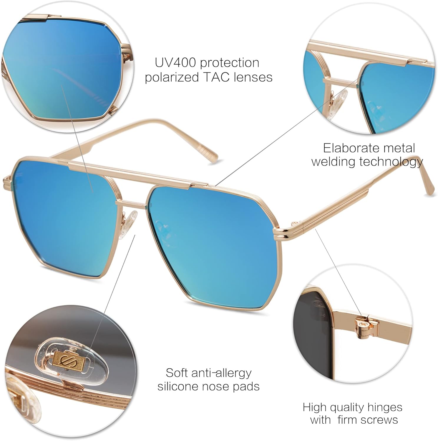 SOJOS Retro Oversized Square Polarized Sunglasses for Women and Men Vintage Shades Classic Large Metal Sun GlassesK Gold