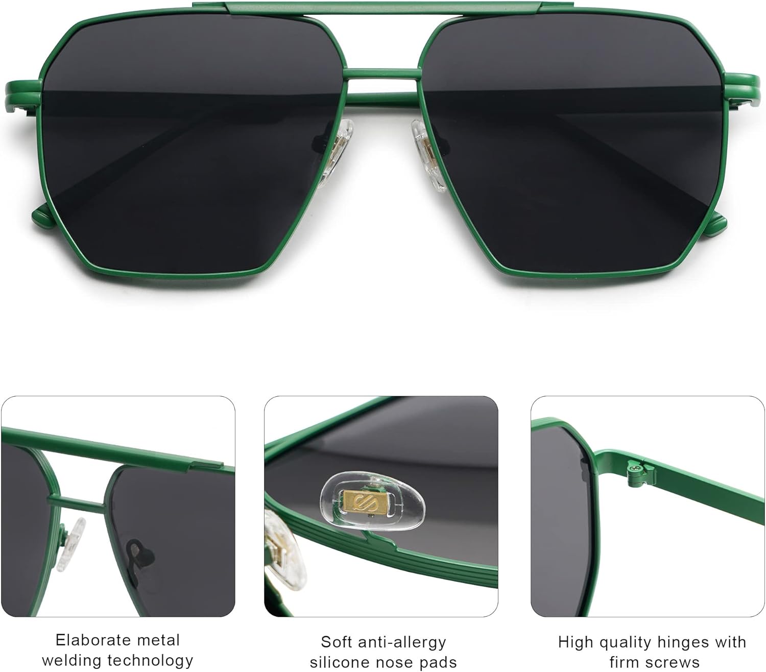 SOJOS Retro Oversized Square Polarized Sunglasses for Women and Men Vintage Shades Classic Large Metal Sun GlassesMatte GreenGrey