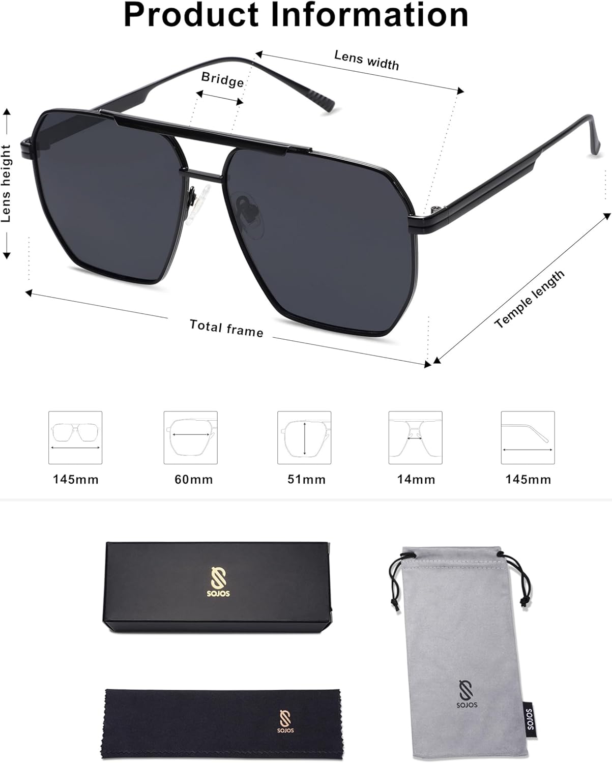 SOJOS Retro Oversized Square Polarized Sunglasses for Women and Men Vintage Shades Classic Large Metal Sun GlassesShiny Black