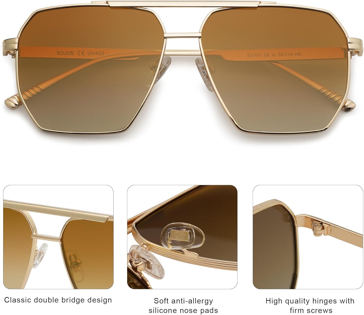 SOJOS Retro Oversized Square Polarized Sunglasses for Women and Men Vintage Shades Classic Large Metal Sun GlassesShiny GoldGradient Brown