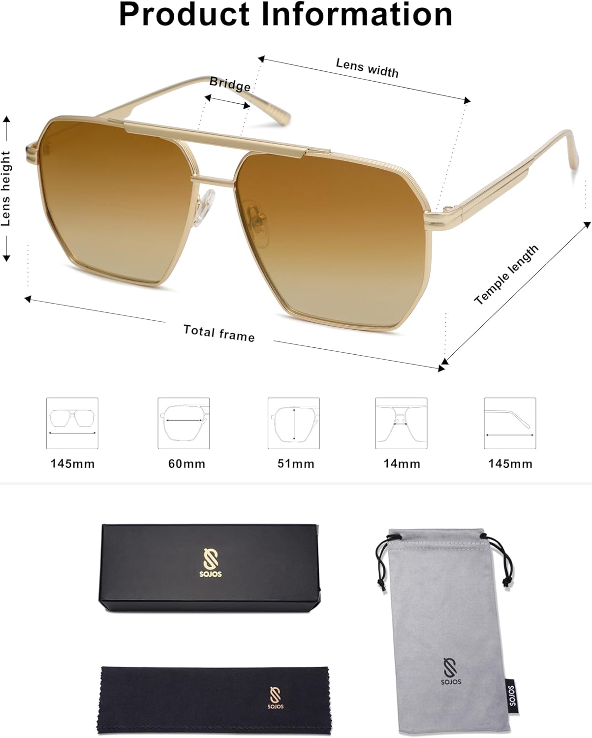 SOJOS Retro Oversized Square Polarized Sunglasses for Women and Men Vintage Shades Classic Large Metal Sun GlassesShiny GoldGradient Brown