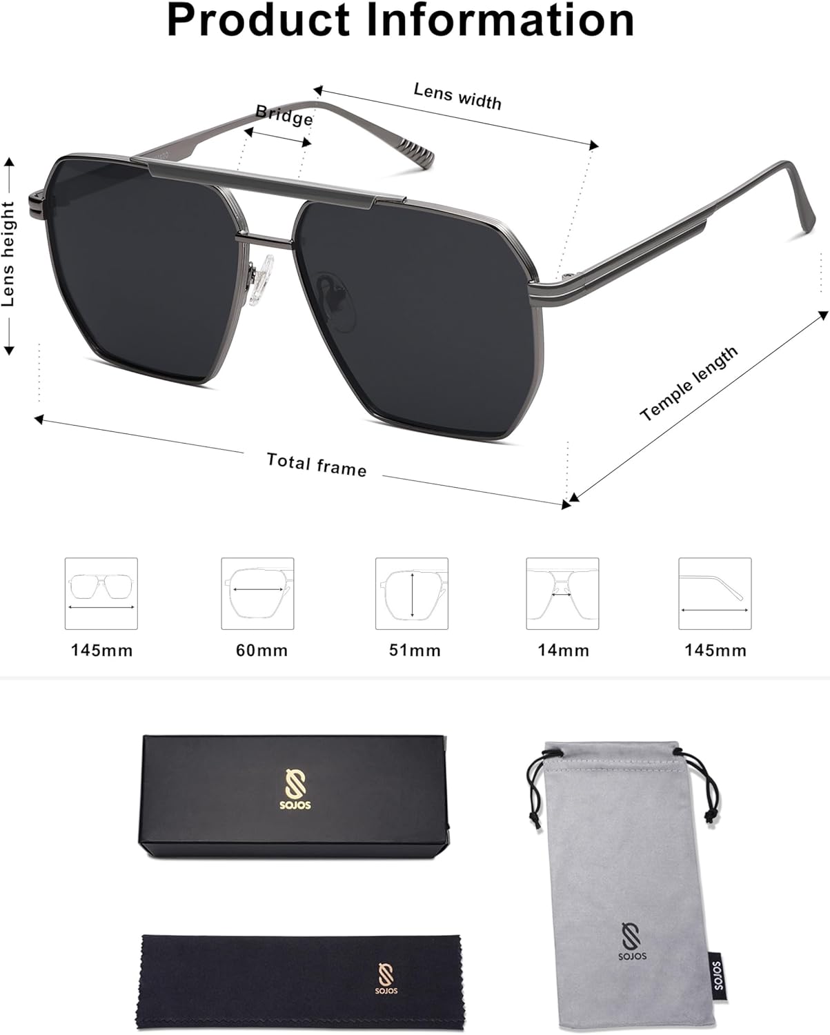 SOJOS Retro Oversized Square Polarized Sunglasses for Women and Men Vintage Shades Classic Large Metal Sun GlassesShiny Grey  Grey
