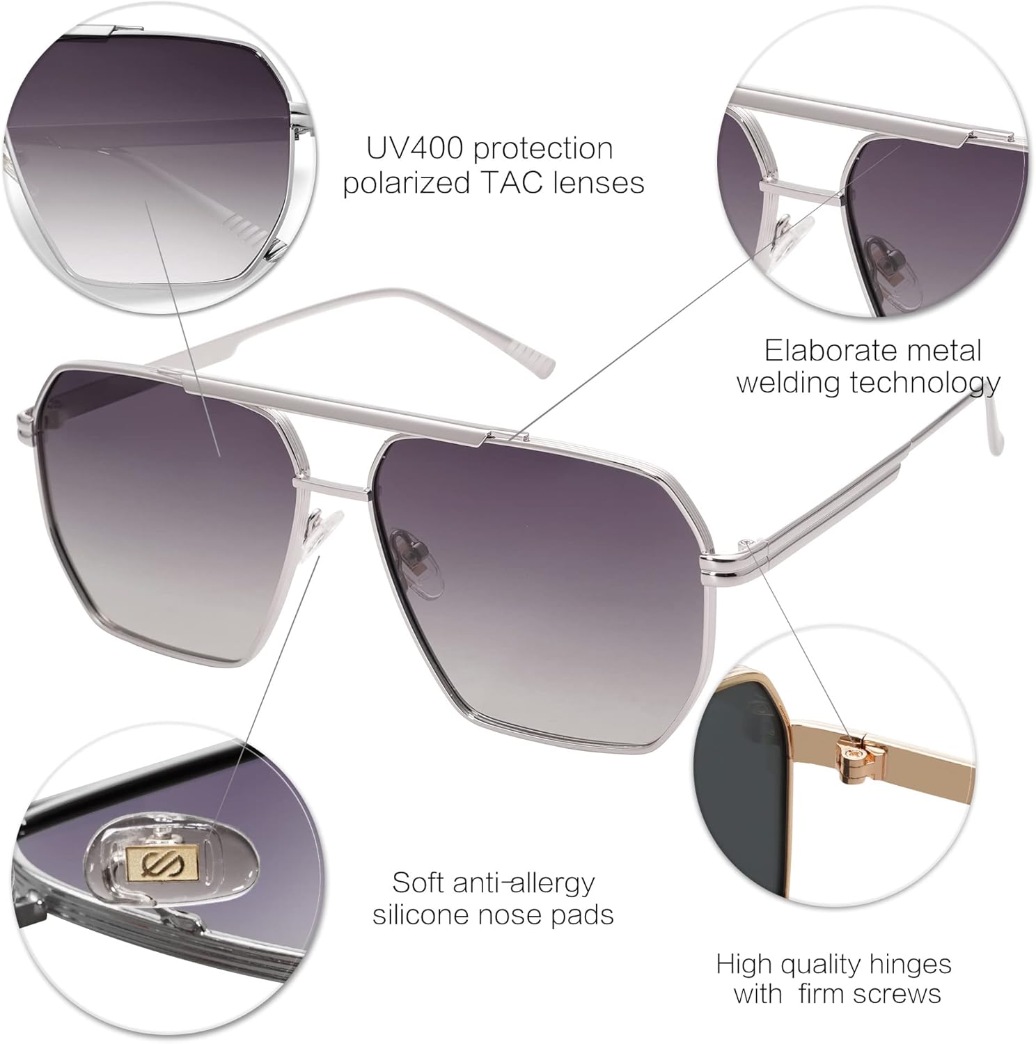 SOJOS Retro Oversized Square Polarized Sunglasses for Women and Men Vintage Shades Classic Large Metal Sun GlassesSilverGrey