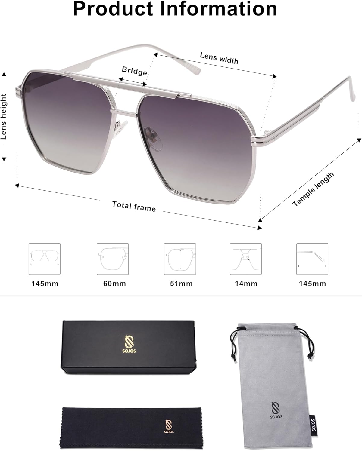 SOJOS Retro Oversized Square Polarized Sunglasses for Women and Men Vintage Shades Classic Large Metal Sun GlassesSilverGrey