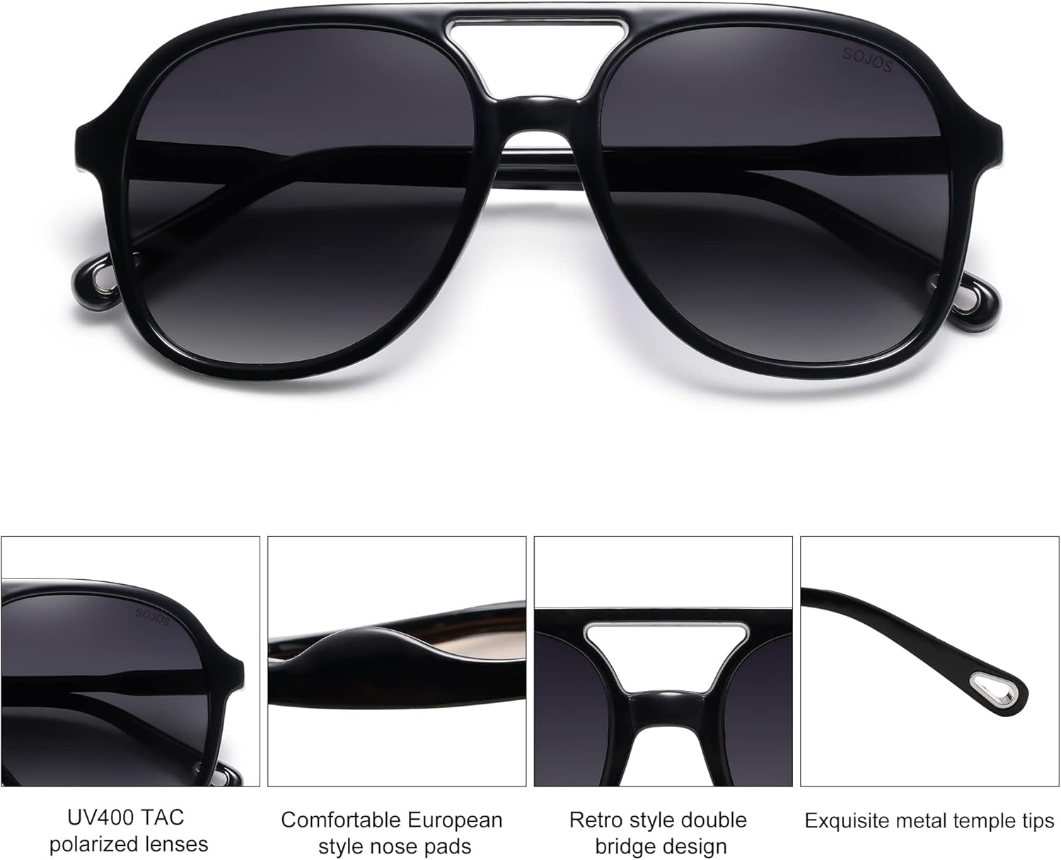 SOJOS Retro Polarized Aviator Sunglasses for Women Men Classic 70s Vintage Trendy Square Aviators SJ2174BlackGrey
