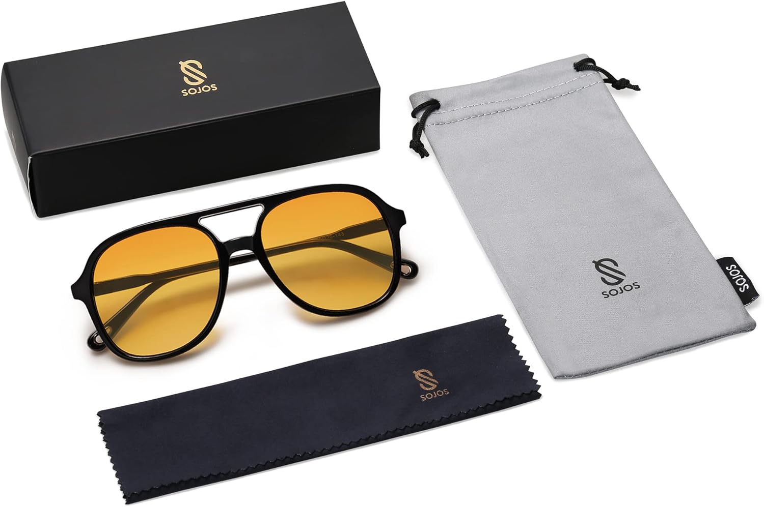 SOJOS Retro Polarized Aviator Sunglasses for Women Men Classic 70s Vintage Trendy Square Aviators SJ2174BlackYellow Tint