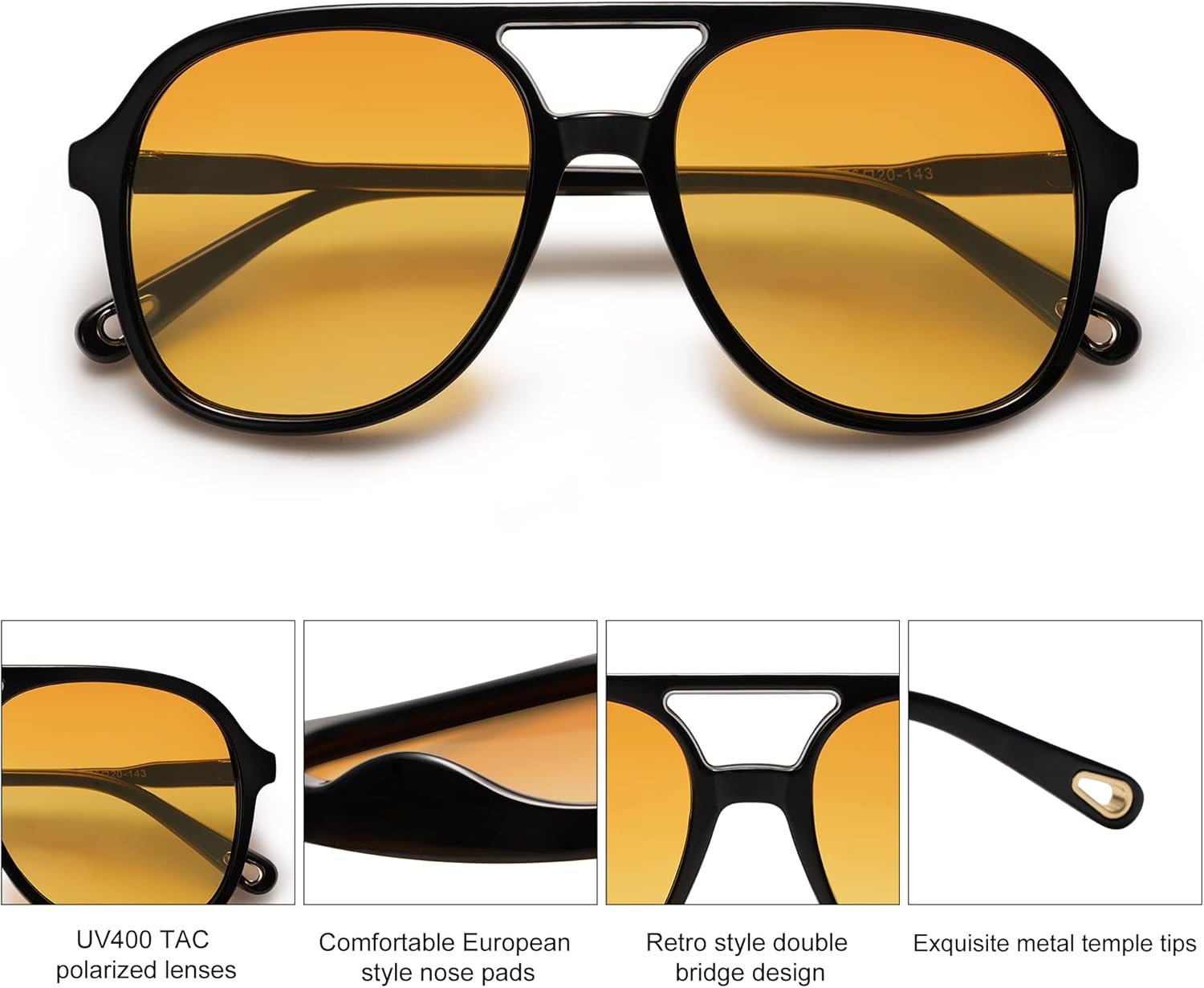 SOJOS Retro Polarized Aviator Sunglasses for Women Men Classic 70s Vintage Trendy Square Aviators SJ2174BlackYellow Tint