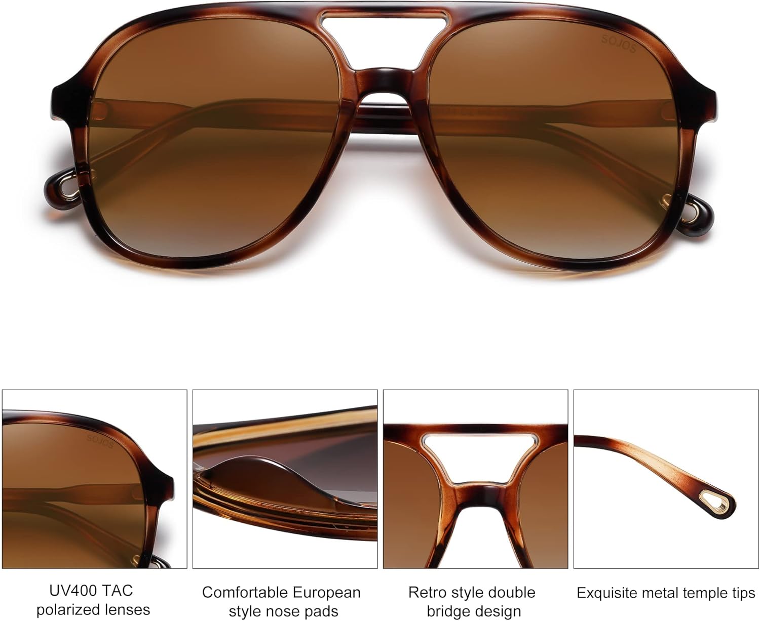 SOJOS Retro Polarized Aviator Sunglasses for Women Men Classic 70s Vintage Trendy Square Aviators SJ2174Brown TortoiseBrown