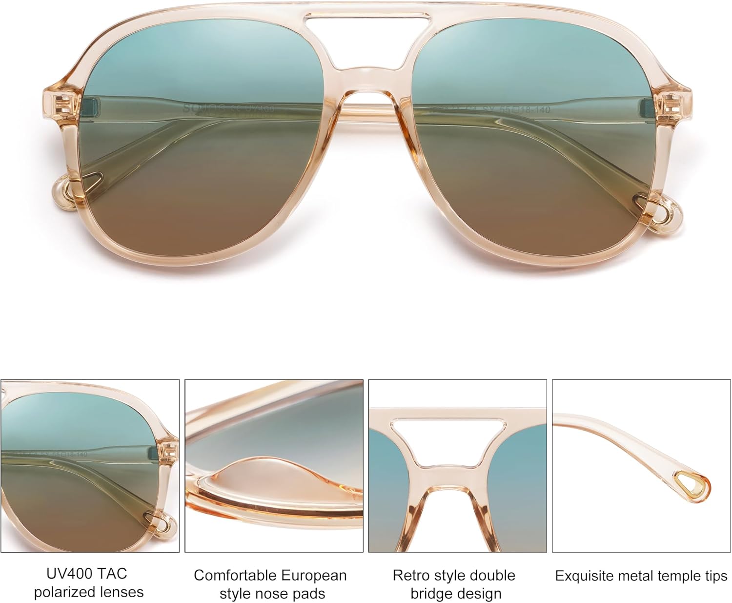 SOJOS Retro Polarized Aviator Sunglasses for Women Men Classic 70s Vintage Trendy Square Aviators SJ2174Clear BrownGreen Gradient Brown