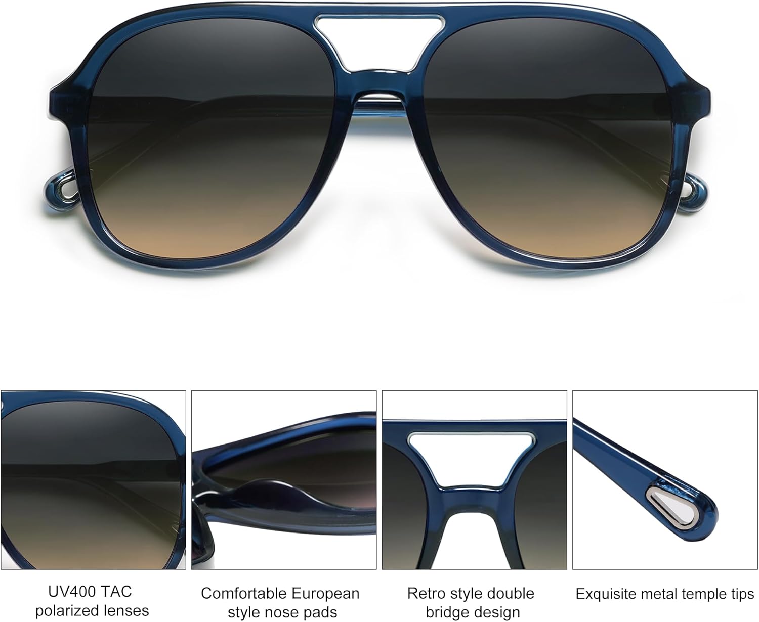 SOJOS Retro Polarized Aviator Sunglasses for Women Men Classic 70s Vintage Trendy Square Aviators SJ2174Dark BlueGrey Gradient Brown