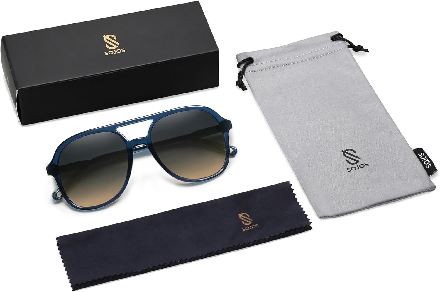 SOJOS Retro Polarized Aviator Sunglasses for Women Men Classic 70s Vintage Trendy Square Aviators SJ2174Dark BlueGrey Gradient Brown