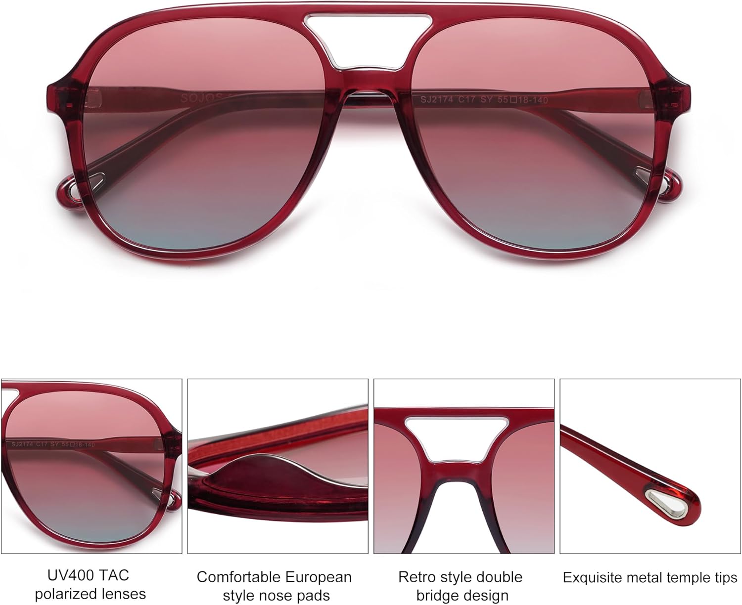 SOJOS Retro Polarized Aviator Sunglasses for Women Men Classic 70s Vintage Trendy Square Aviators SJ2174RedRed Gradient Blue