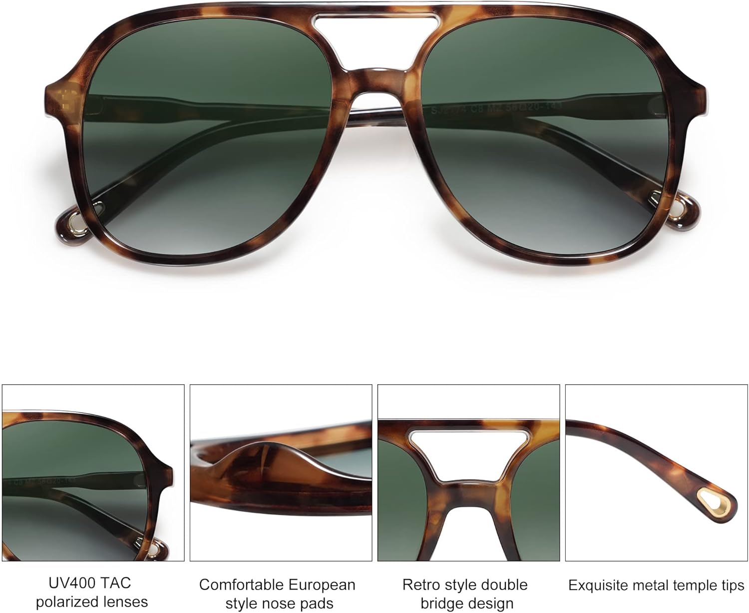 SOJOS Retro Polarized Aviator Sunglasses for Women Men Classic 70s Vintage Trendy Square Aviators SJ2174TortoiseGradient Green