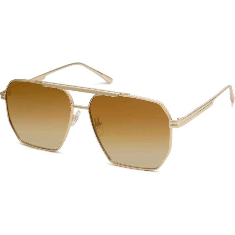 SOJOS Retro Oversized Square Polarized Sunglasses for Women and Men Vintage Shades Classic Large Metal Sun GlassesShiny GoldGradient Brown