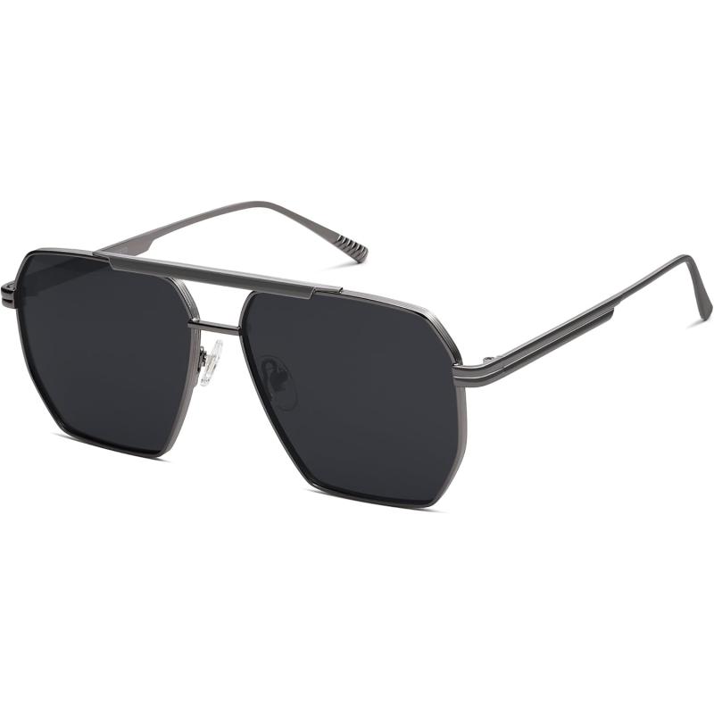 SOJOS Retro Oversized Square Polarized Sunglasses for Women and Men Vintage Shades Classic Large Metal Sun GlassesShiny Grey  Grey
