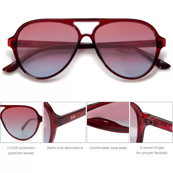 SOJOS Classic Polarized Aviator Sunglasses Womens Mens Retro Double Bridge Aviators SJ2201Red BurgundyRed Gradient Blue