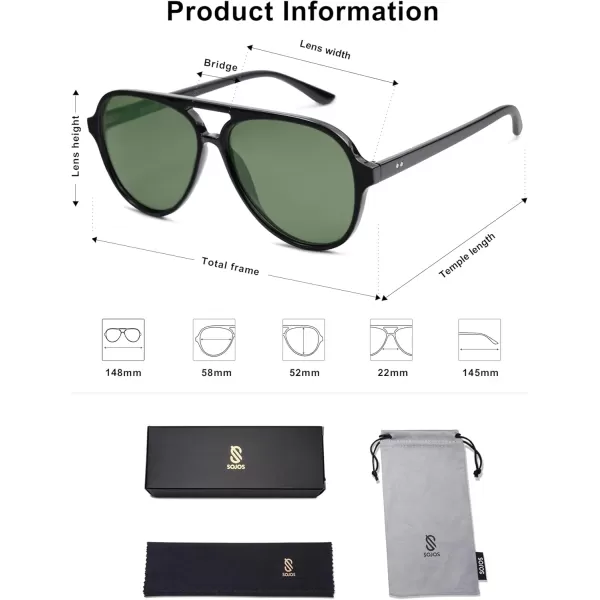 SOJOS Classic Polarized Aviator Sunglasses Womens Mens Retro Double Bridge Aviators SJ2201Shiny BlackDark Green