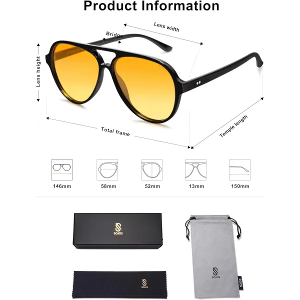 SOJOS Classic Polarized Aviator Sunglasses Womens Mens Retro Double Bridge Aviators SJ2201Shiny BlackYellow Tint