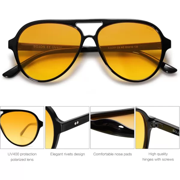 SOJOS Classic Polarized Aviator Sunglasses Womens Mens Retro Double Bridge Aviators SJ2201Shiny BlackYellow Tint