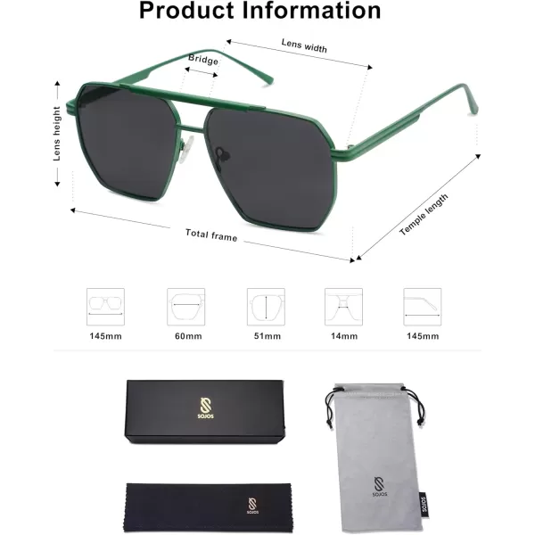 SOJOS Retro Oversized Square Polarized Sunglasses for Women and Men Vintage Shades Classic Large Metal Sun GlassesMatte GreenGrey