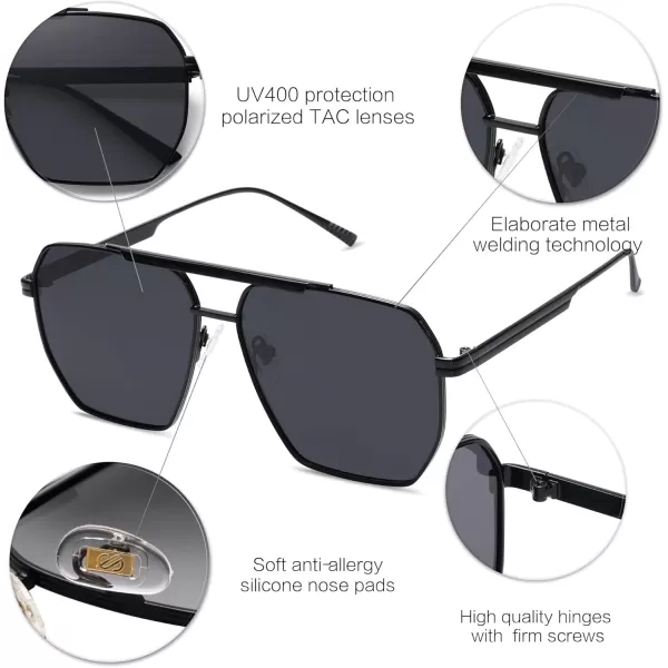 SOJOS Retro Oversized Square Polarized Sunglasses for Women and Men Vintage Shades Classic Large Metal Sun GlassesShiny Black
