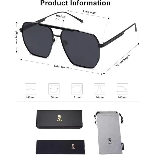 SOJOS Retro Oversized Square Polarized Sunglasses for Women and Men Vintage Shades Classic Large Metal Sun GlassesShiny Black