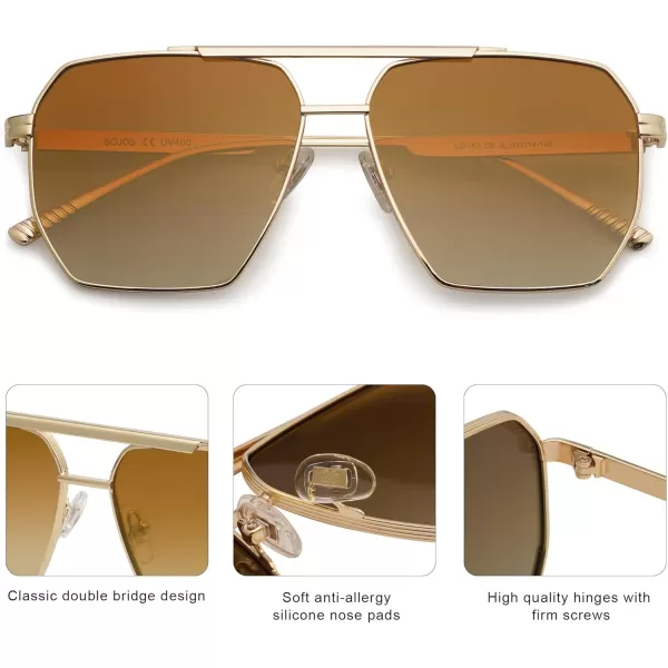 SOJOS Retro Oversized Square Polarized Sunglasses for Women and Men Vintage Shades Classic Large Metal Sun GlassesShiny GoldGradient Brown