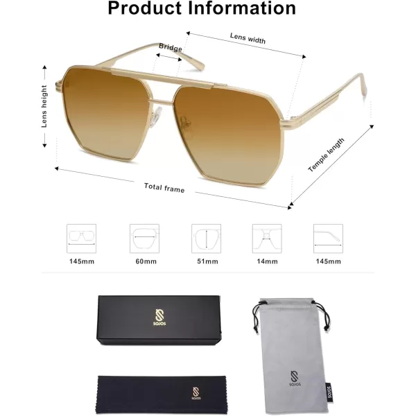 SOJOS Retro Oversized Square Polarized Sunglasses for Women and Men Vintage Shades Classic Large Metal Sun GlassesShiny GoldGradient Brown