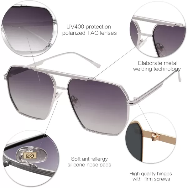 SOJOS Retro Oversized Square Polarized Sunglasses for Women and Men Vintage Shades Classic Large Metal Sun GlassesSilverGrey