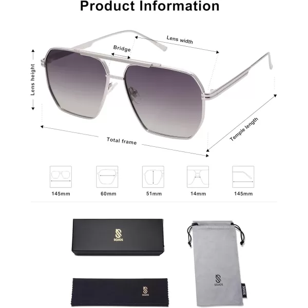 SOJOS Retro Oversized Square Polarized Sunglasses for Women and Men Vintage Shades Classic Large Metal Sun GlassesSilverGrey