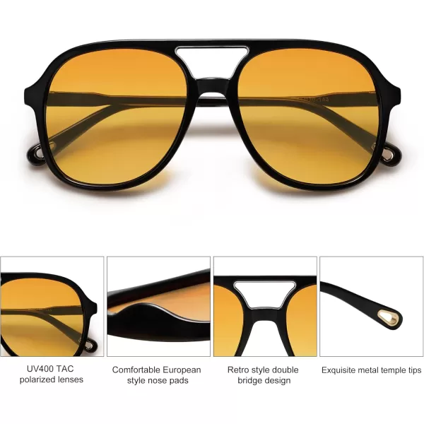 SOJOS Retro Polarized Aviator Sunglasses for Women Men Classic 70s Vintage Trendy Square Aviators SJ2174BlackYellow Tint
